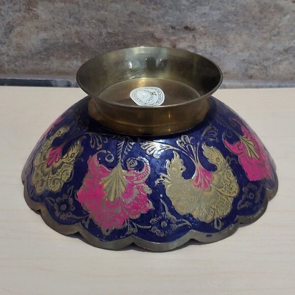 Vintage Saida China House Cloisonné Bowl Pink Purple Brass Geometric - Picture 3 of 9